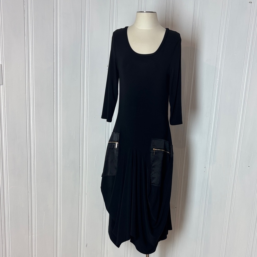 MICHAEL TYLER Black Boho Draped Dress with Satin Pockets (Size M)